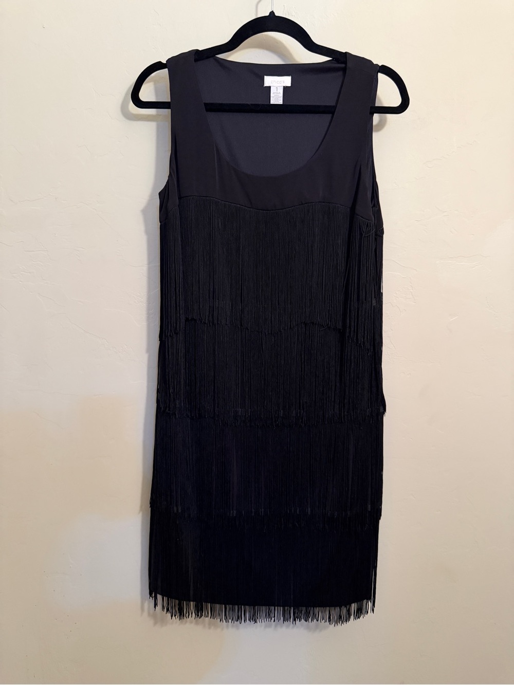 Chico’s Black Fringe Sleeveless Cocktail Dress Size 1 (Medium) Flapper Style